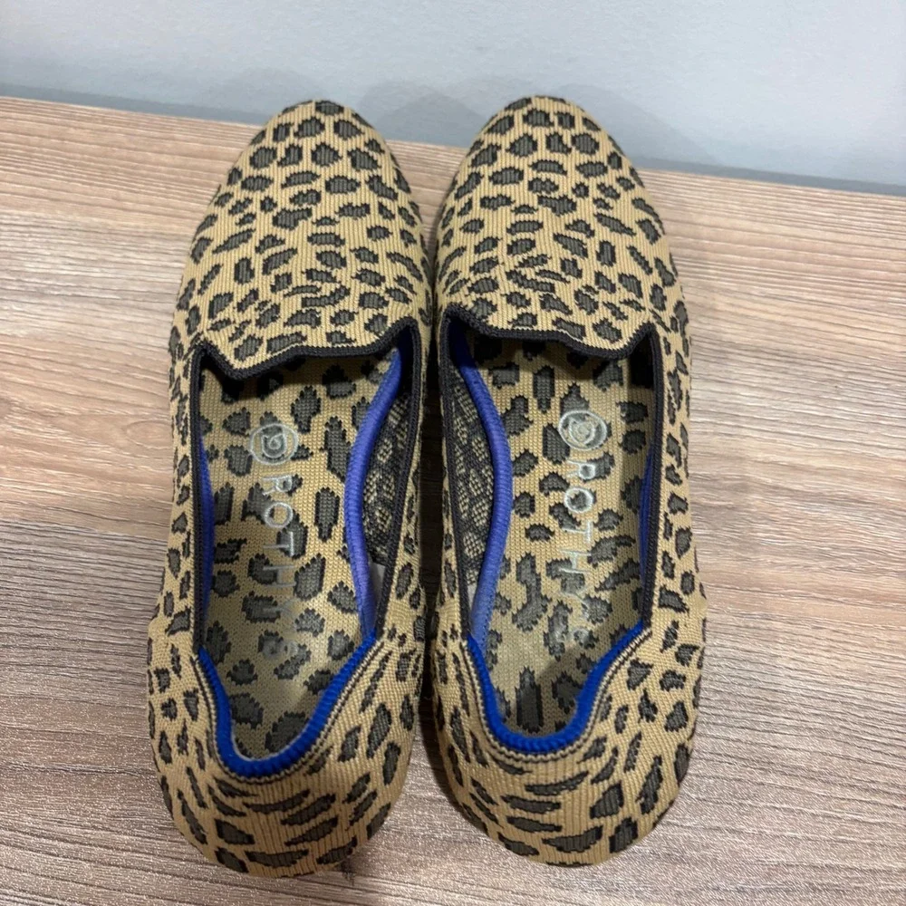 Rothy's The Loafer Leopard Print Flat Shoes Women Tan Black Size 7.5 Knit Animal